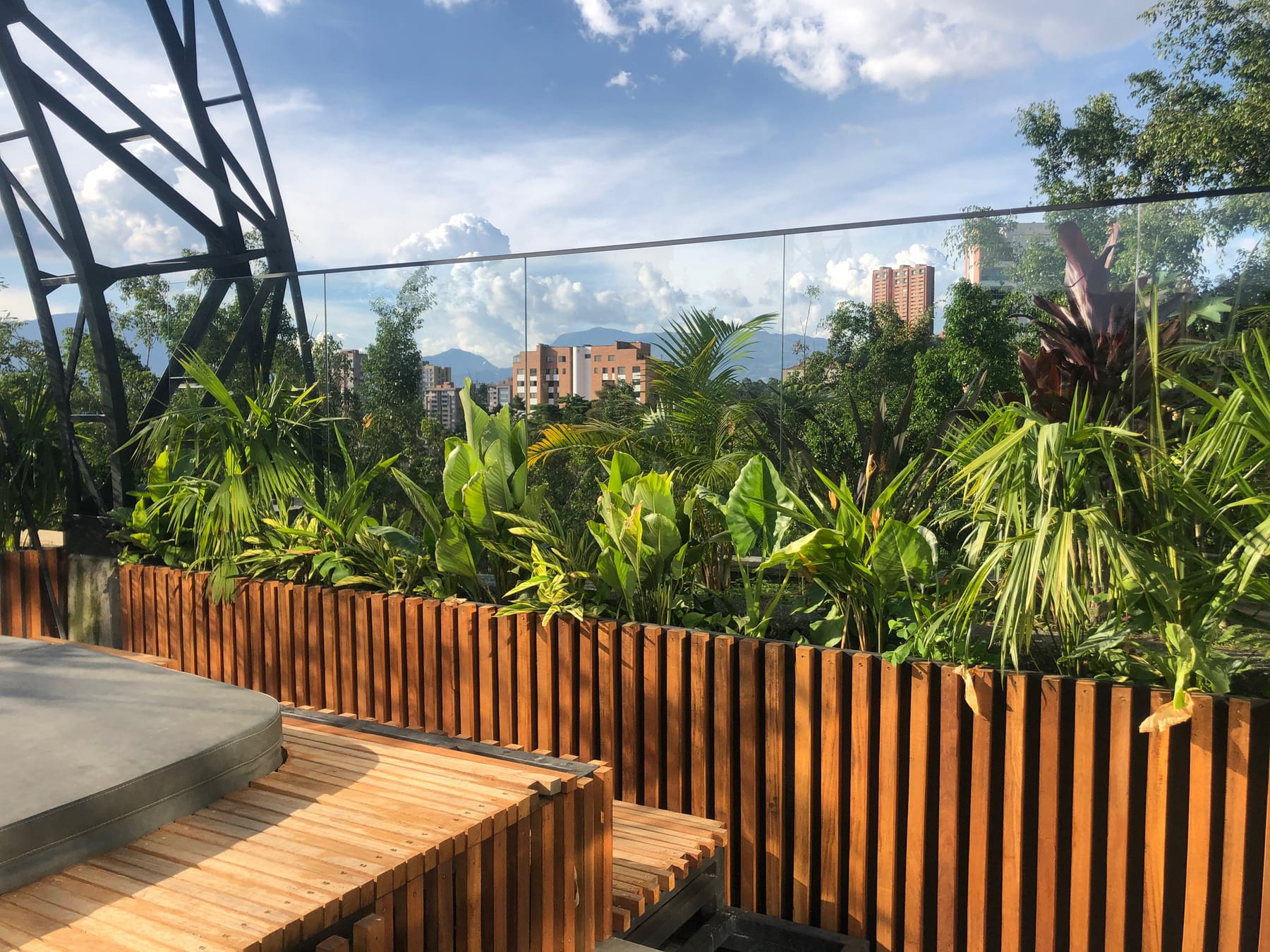 Terraza con pérgola metálica y jardineras de helechos
